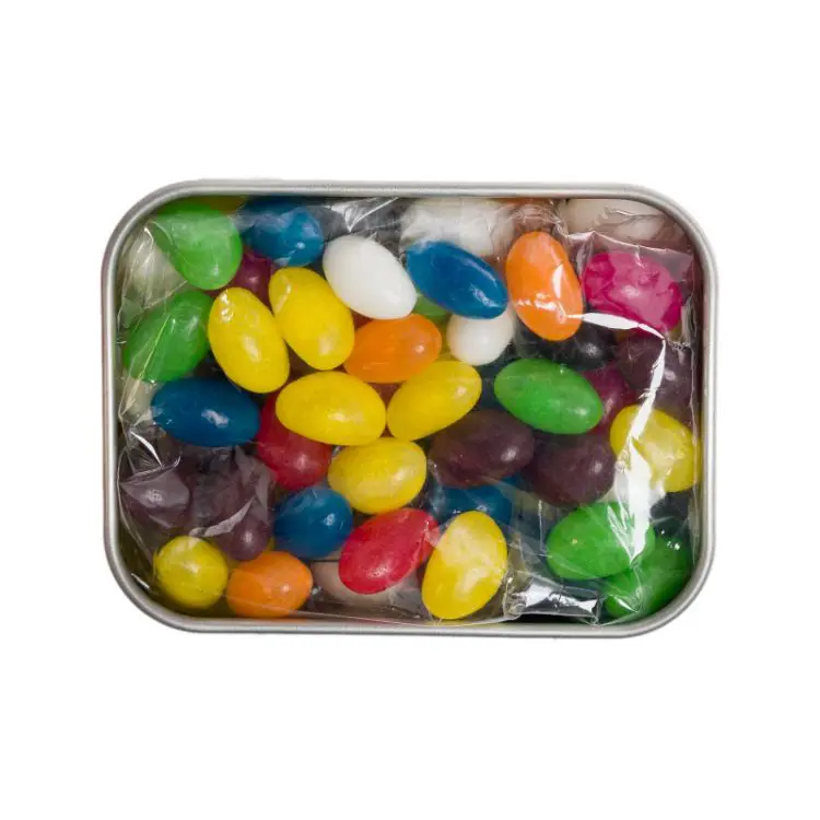 Picture of Assorted Colour Mini Jelly Beans in Silver Rectangular Tin